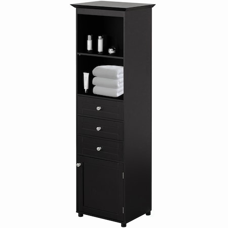 Basicwise Tall Freestanding Linen Tower, Bathroom Cabinet with 2 Open shelves, 3 Drawers, and a Closet, Black QI004611.BK